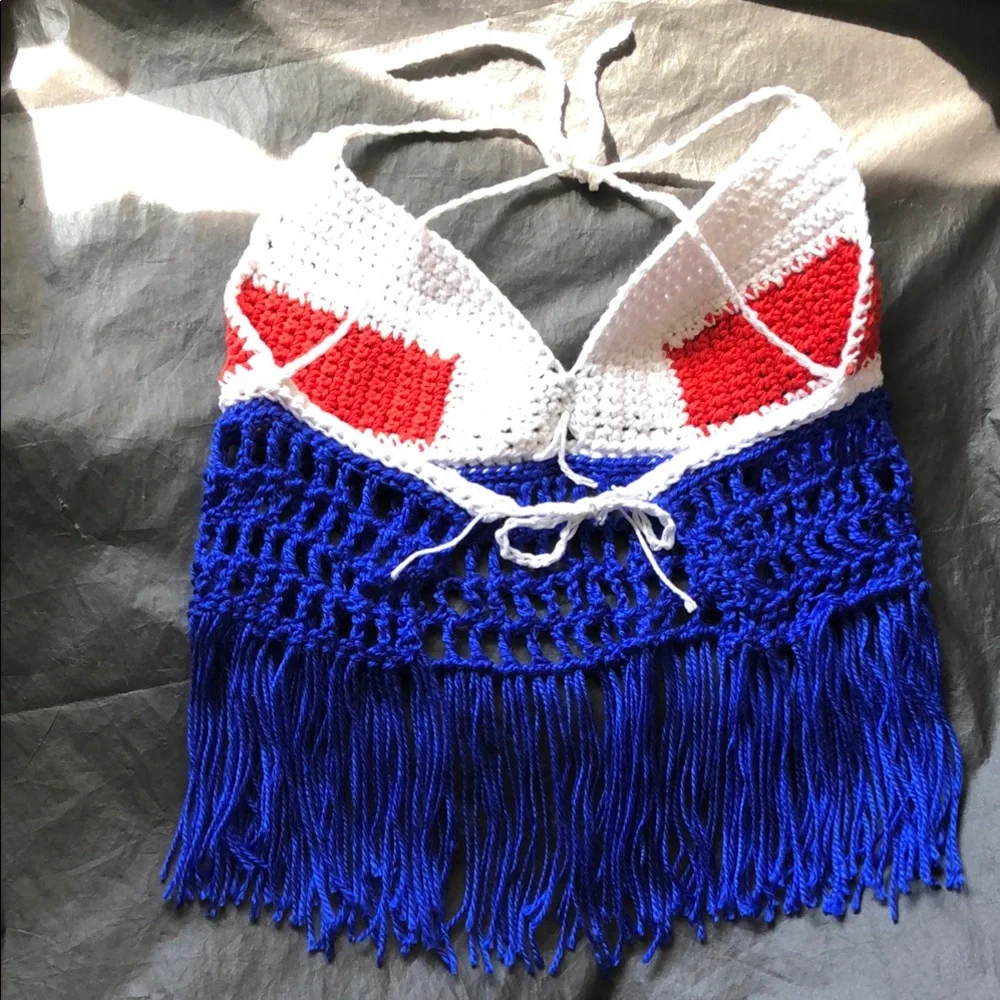 Red, White, and Blue Crochet Halter Top with Fringe - Picture 14 of 15